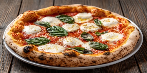 A delicious Margherita pizza topped with fresh basil leaves and melted mozzarella cheese on a wooden table.