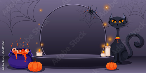 Halloween podium template with black cat, bubbling cauldron, eyeballs, spider on web, candles, and pumpkins. Platform for product display. Vector illustration