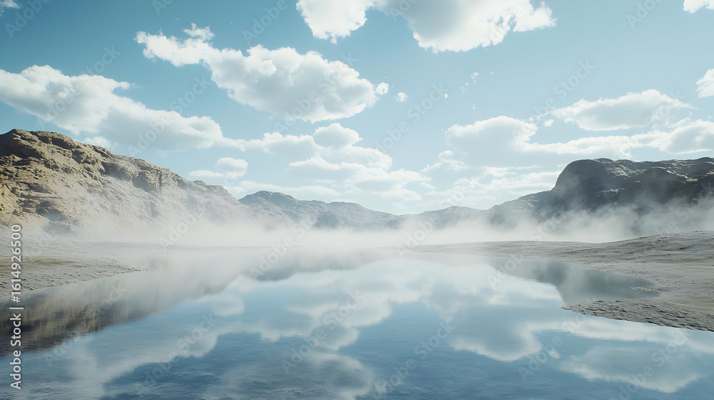 Fototapeta premium Serene mountain lake reflecting a vibrant sky. Tranquil valley scene with a calm lake mirroring the clouds and mountains