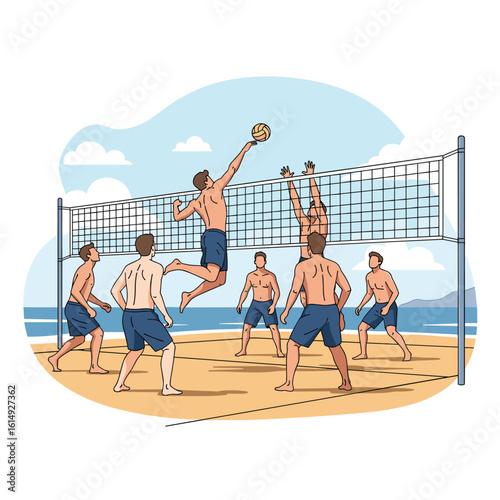 Athletic men playing a competitive beach volleyball game on a sunny day with the ocean in the background during a friendly tournament