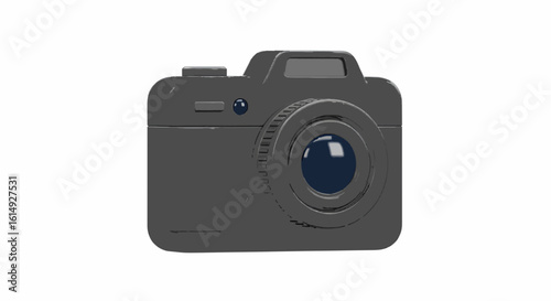 A stylized, dark gray camera is depicted against a clean, white background, showcasing its design.