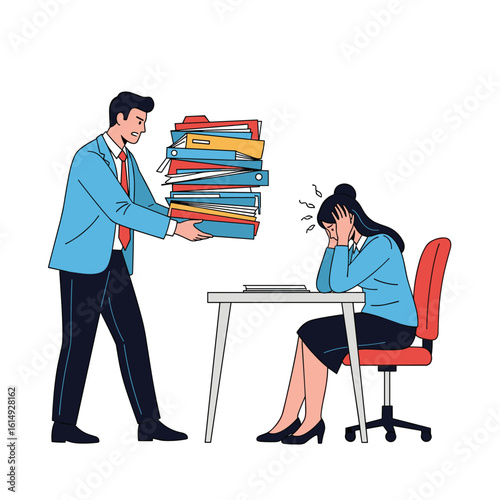 Frustrated office worker overwhelmed with a large stack of documents from her boss showing stress and exhaustion in the workplace