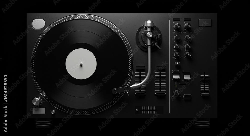 Fototapeta premium High-Angle Studio Shot of a Black Turntable with Vinyl Record on a Black Background