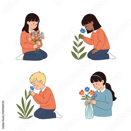 Four children enjoying spring flowers in a garden and arranging bouquets in vases
