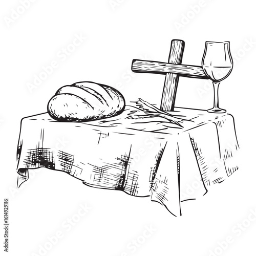 bread and wine with a cross silhouette