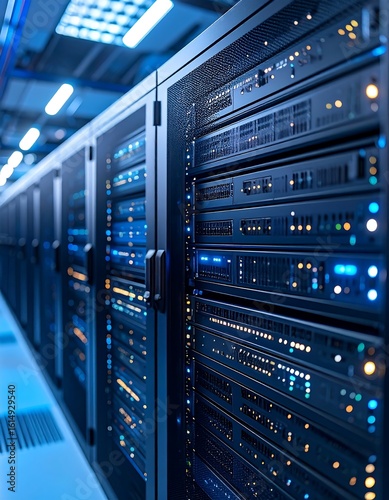 Cool blue-lit server racks in a data center