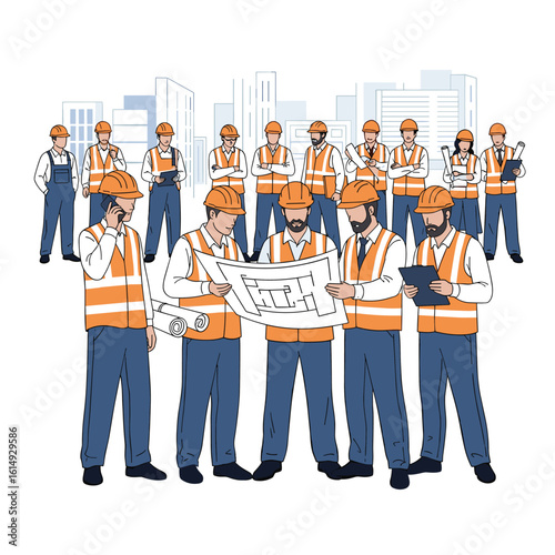 A diverse construction crew collaborating on a blueprint project together on site