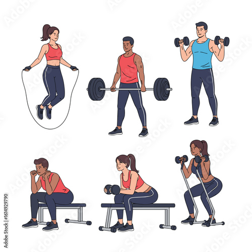 Diverse group of people performing various exercises at a gym building strength and promoting healthy living through dedicated physical activity and athletic pursuits