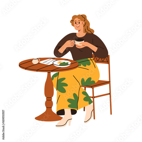 Woman sitting on chair at table, having lunch. Happy young female at breakfast, eating out. Girl with tea cup, morning meal, relaxing in cafe. Flat vector illustration isolated on white background