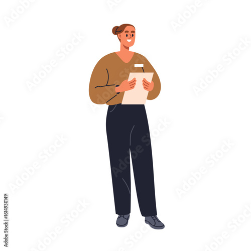 Woman consultant holding paper document. Friendly smiling female assistant, employee, business representative with name badge at service. Flat vector illustration isolated on white background