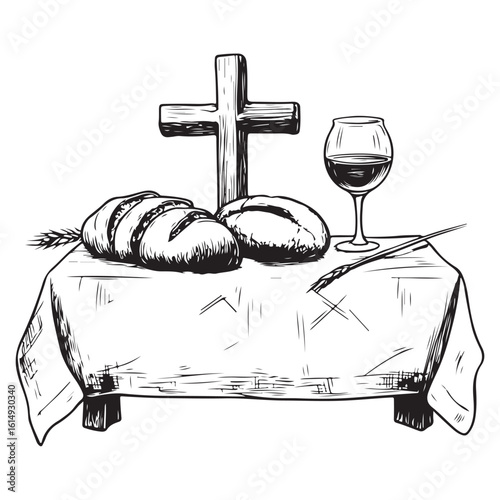 bread and wine with a cross silhouette