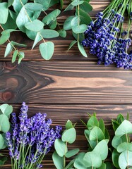 Flatlay of lavender and eucalyptus sprigs arranged on dark wood