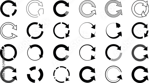 A collection of twenty four different circular arrows in various styles and orientations on white