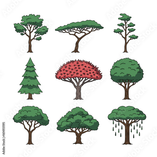 A vibrant collection of stylized trees representing diverse arboreal forms and natural beauty