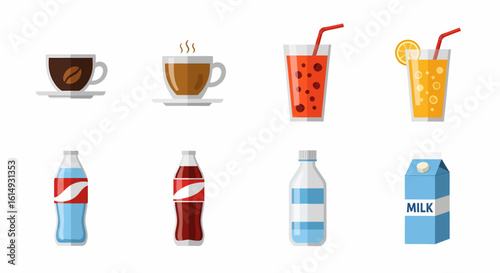 Collection of eight different beverages including coffee, juice, soda, water, and milk, presented in cups, glasses, bottles, and a carton.