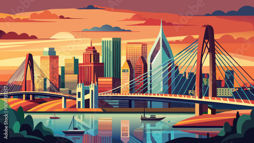 The Tobin Bridge, Zakim Bridge and Boston skyline panorama at sunset glow beneath golden skies. Semi-realistic vector style captures reflections, graceful structures, and the city's vibrant energy.