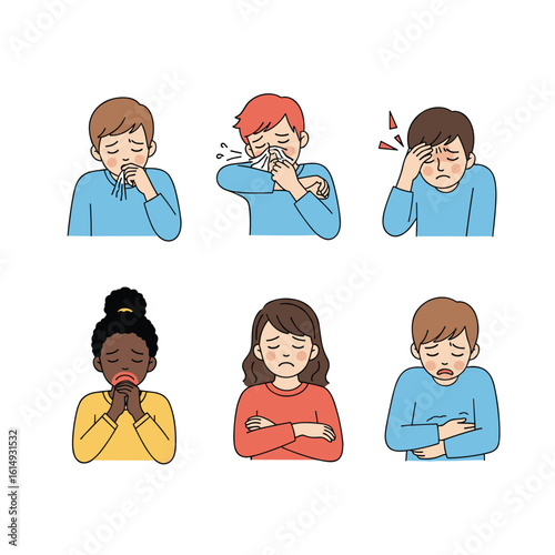 Children feeling unwell showing different symptoms of illness and discomfort
