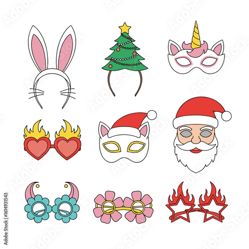 Collection of festive holiday party accessories for celebrations and fun