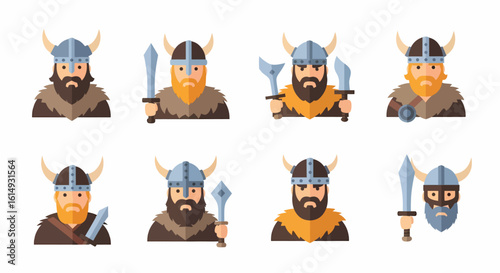 A collection of eight stylized, flat design illustrations of Viking warriors, each depicted with horned helmets, beards, and various weaponry like swords, ax...