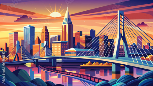 The Tobin Bridge, Zakim Bridge and Boston skyline panorama at sunset glow beneath golden skies. Semi-realistic vector style captures reflections, graceful structures, and the city's vibrant energy.