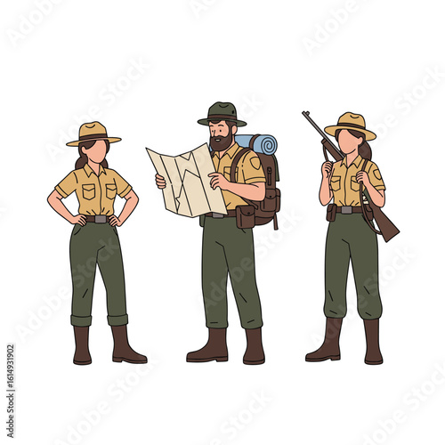 Three park rangers in uniform with hats and backpacks examining a map and holding a rifle
