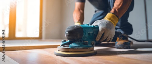 construction worker using an electric floor sander on a hardwood floor, concept of home renovation, flooring installation, craftsmanship