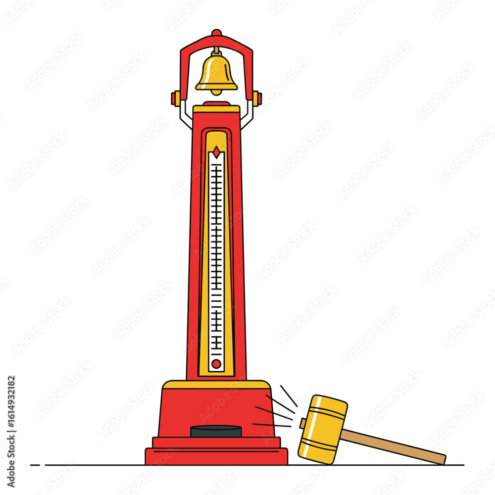 Obraz premium High striker game machine testing strength and power with a hammer to ring the bell at a fairground attraction