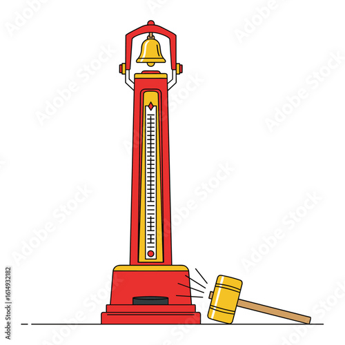 High striker game machine testing strength and power with a hammer to ring the bell at a fairground attraction