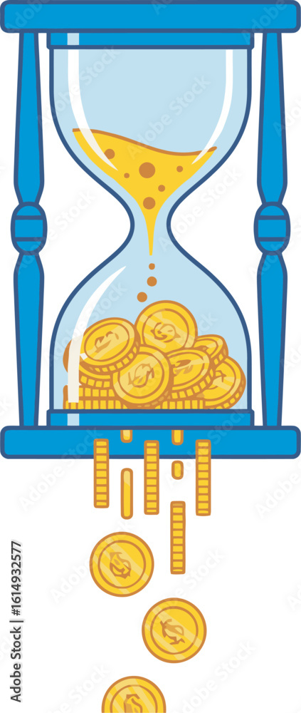 Fototapeta premium Hourglass with gold coins flowing, representing the passage of time and money.