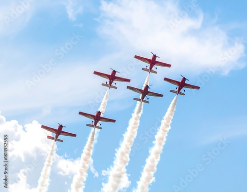 Red airplanes in a formation fly, leaving smoke trails