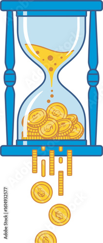 Hourglass with gold coins flowing, representing the passage of time and money.