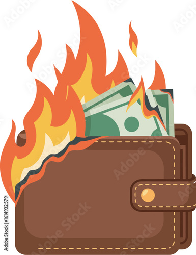 A brown leather wallet filled with money is engulfed in flames, symbolizing financial loss or destruction.