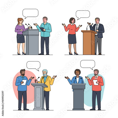 Illustrations of diverse groups of people engaging in public speaking and debates at podiums with blank speech bubbles above their heads