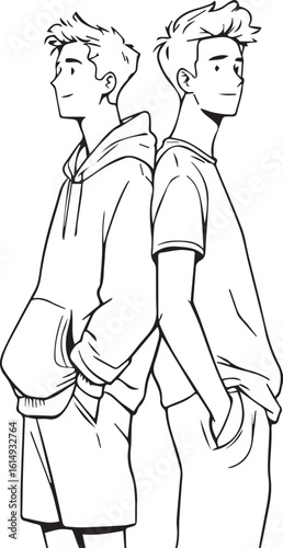 "Back-to-Back Characters Vector – Minimalist Black and White Line Art of Youth Figures in Modern Attire"