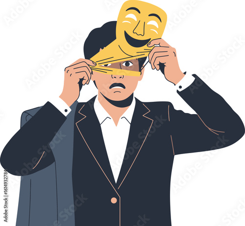 A person in a suit is removing a comedic mask, revealing a worried expression.