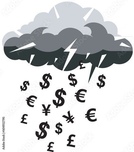 A dark cloud raining down currency symbols, representing financial uncertainty and risk.