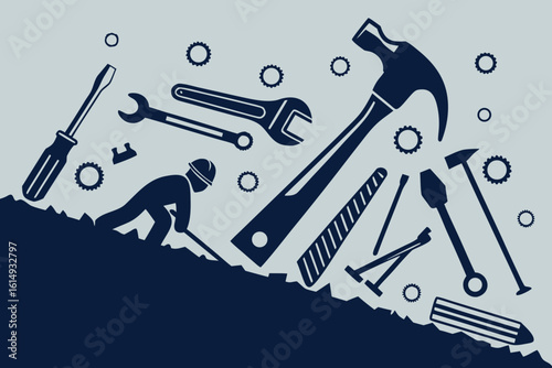 Construction Worker With Tools and Gears.