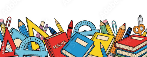 Colorful school supplies scattered across white backdrop for educational design. School supplies like pencils, books, crayons and scissors create a vibrant learning environment.