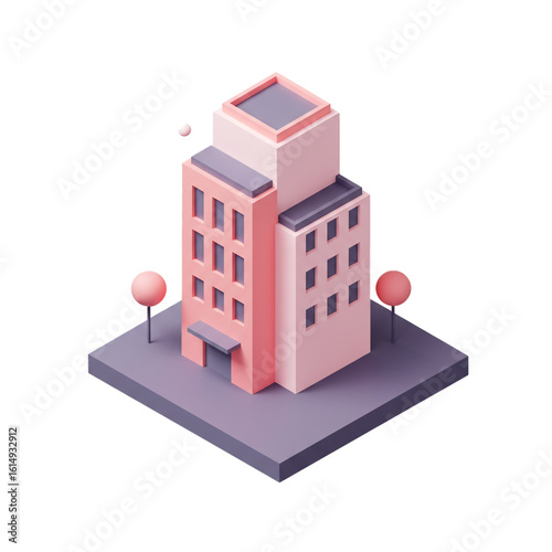 A charming isometric illustration of a modern building with trees suggesting urban planning and architectural design.