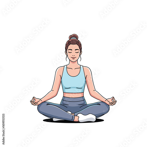 A woman practicing yoga meditation in a comfortable pose demonstrating inner peace and serenity through mindful breathing