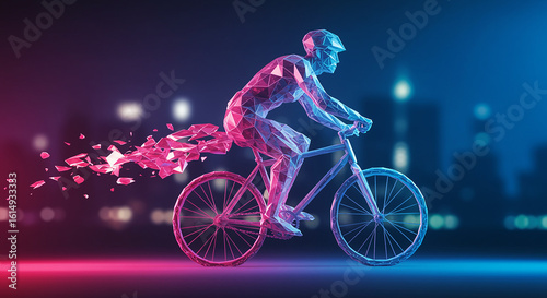 Futuristic low-poly cyclist racing through a neon-lit city at night, representing digital speed and virtual competition in the metaverse