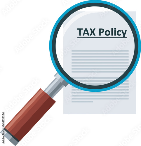 Magnifying glass focusing on a document titled "TAX Policy".