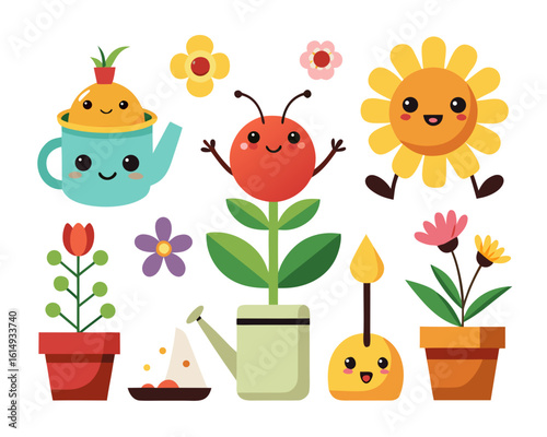Adorable cartoon garden set with smiling flowers, watering can, and pot, bringing joy to spring designs