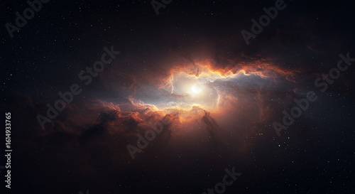 Cosmic birth of a new sun, a brilliant star forming within swirling clouds of interstellar gas and dust in the vast universe.