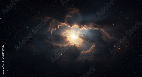 A breathtaking cosmic landscape showing the celestial birth of a new star, with golden light rays piercing through dark interstellar dust clouds.