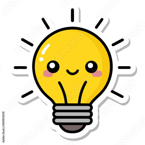 Bright idea with cute smiling lightbulb character radiating positivity and creative energy for inspiration
