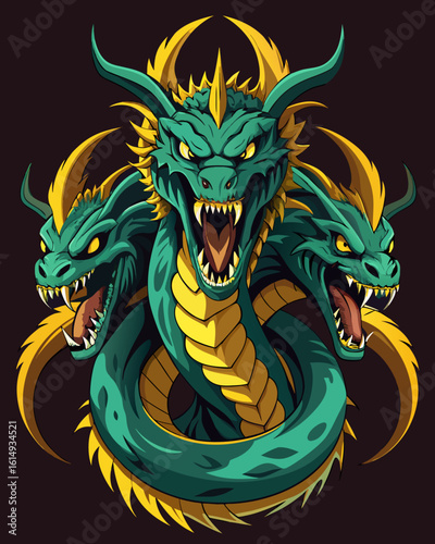 Fierce three headed dragon coiled and ready for battle, a stunning mythical beast illustration