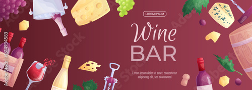 Promo banner design template for a wine bar. Wine glass, bottle, grapes, corkscrew, cheese, wooden barrel. The concept of wine drinks and tastings. Vector illustration for posters, banners, flyers