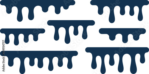 Illustration of several navy blue dripping shapes with rounded edges on a white background