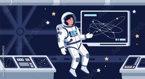 Astronaut Explaining Science In Space Station With Starry Background